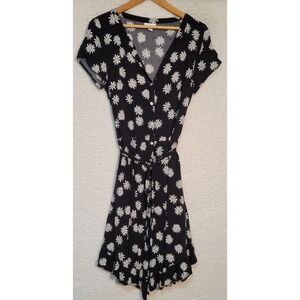 J. Jill Womens Floral Dress Black White Sz M Cap Sleeve Button Knee Length 1370